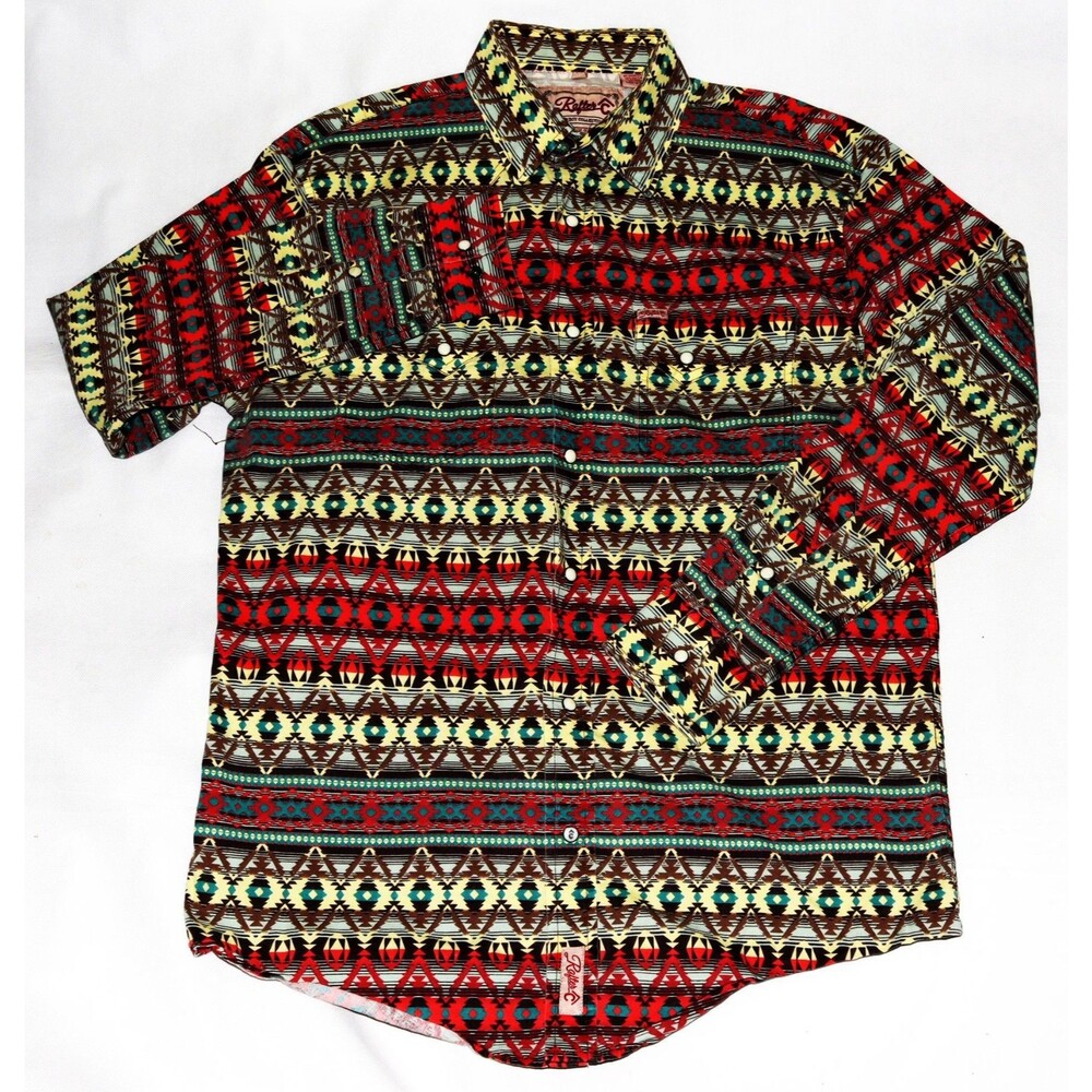 Rafter‎ C Men's Pearl Snap Aztec Navajo Western Cowboy Stretch Shirt Size Large